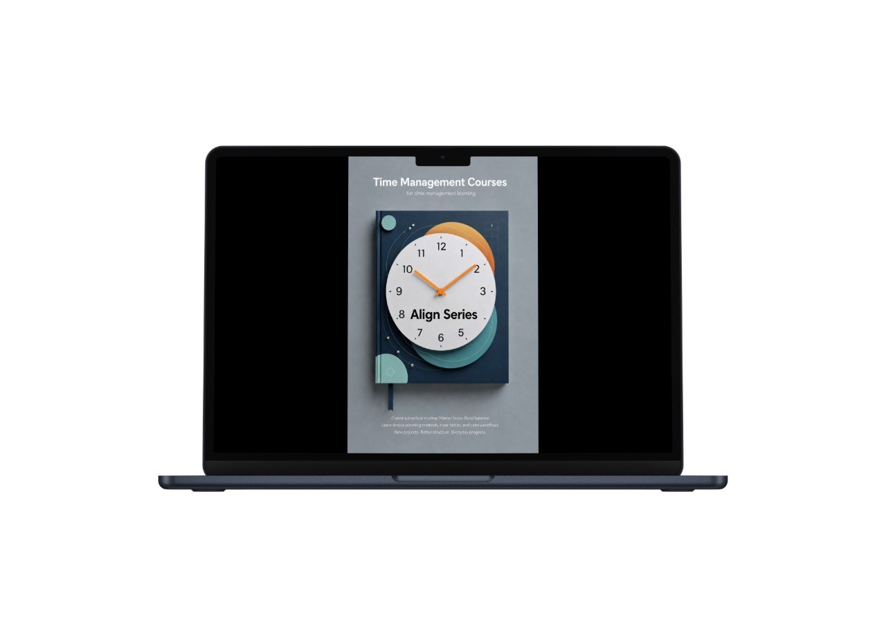Laptop displaying a screen with a clock and text on a white background