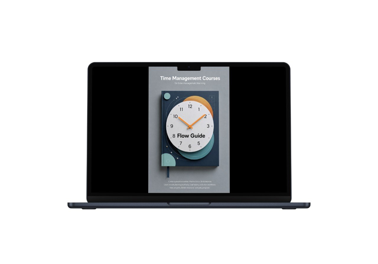 Laptop displaying a screen with a clock and text on a white background