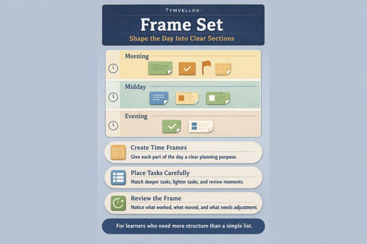 Tymvellox frame set with time and task management tools on a blue background