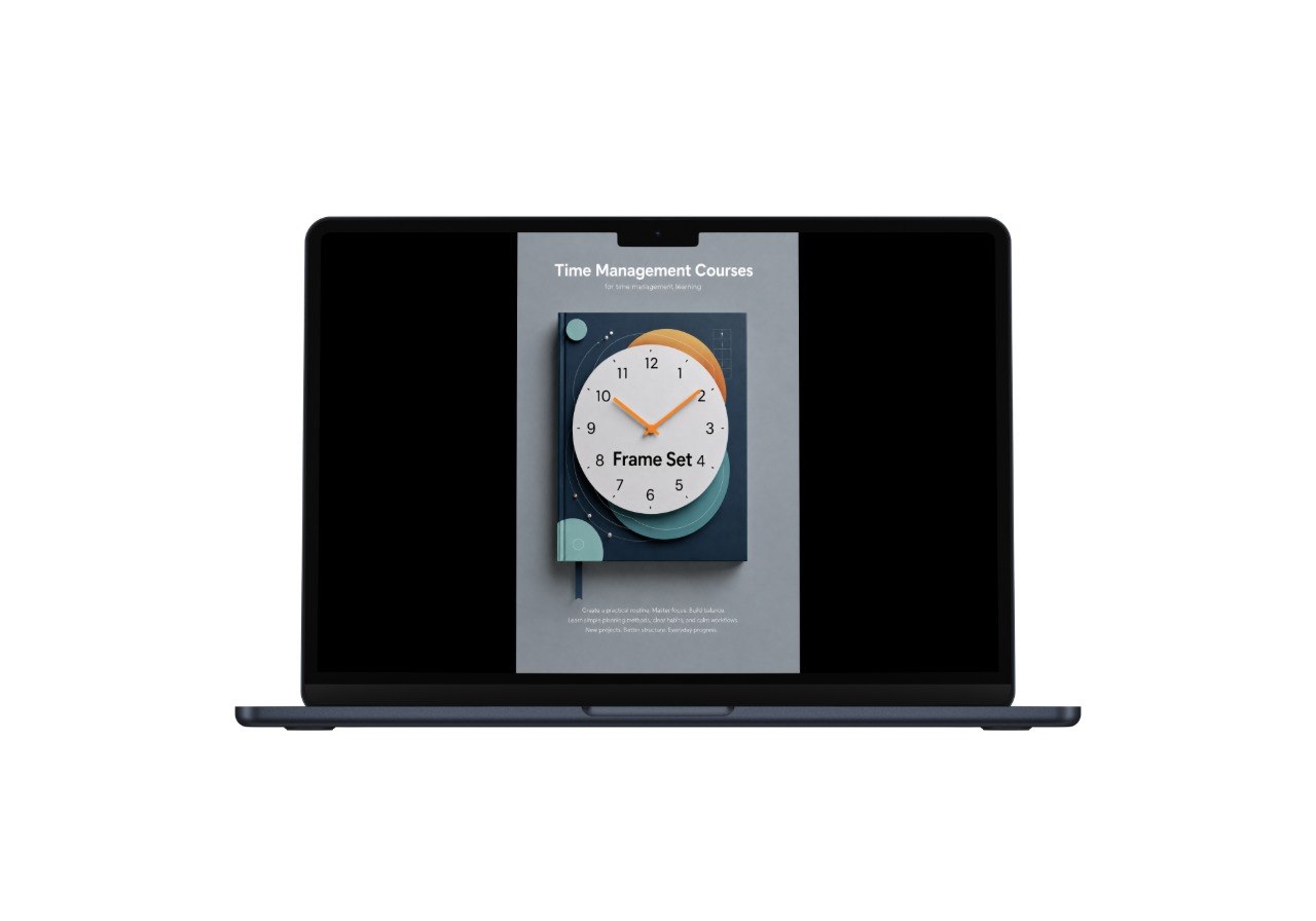 Laptop displaying a screen with a clock and text on a white background