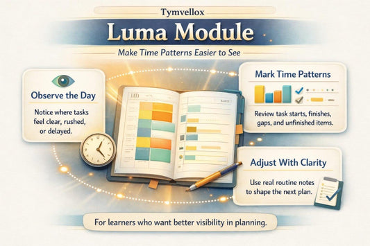Promotional graphic for Tymvellox Luma Module with a planner, clock, and text about time management.