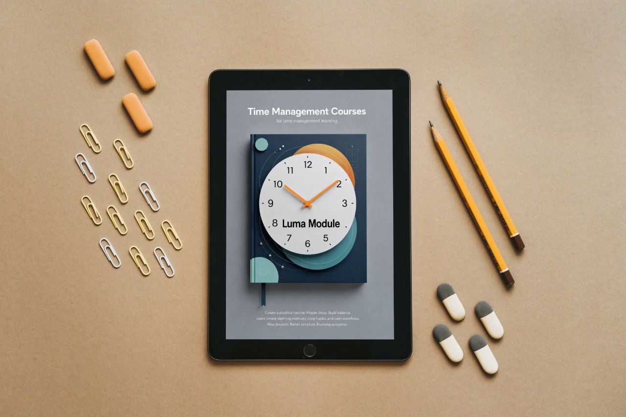 Tablet displaying a time management course on a brown surface with stationery items.