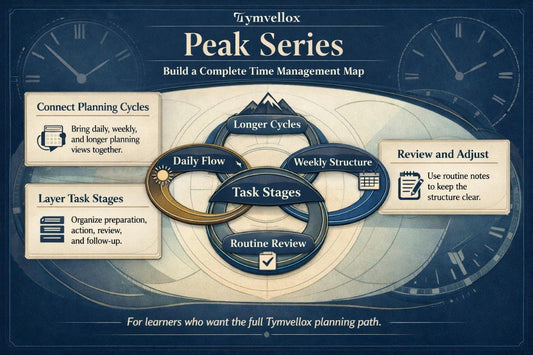 Tymvellox Peak Series time management diagram on a blue background with clock faces.