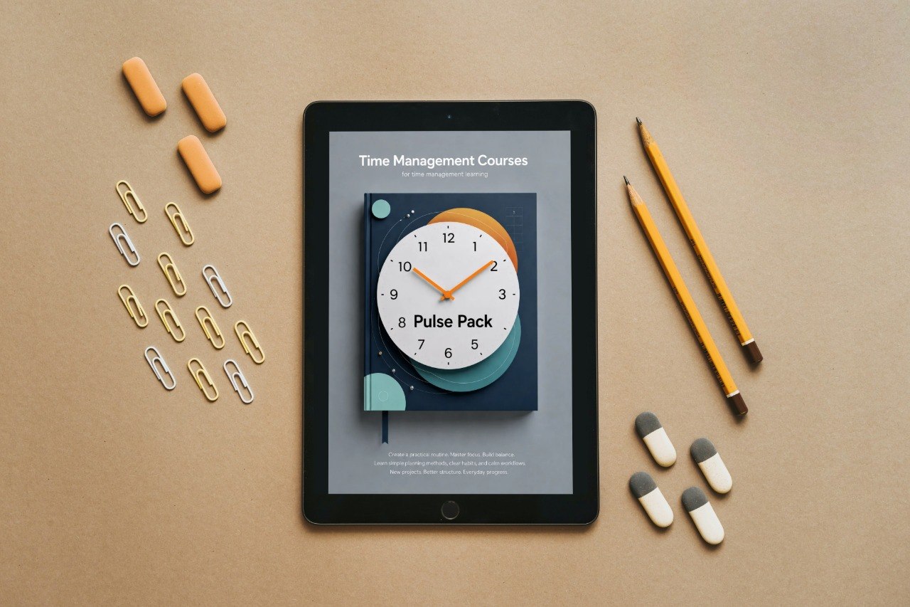 Tablet displaying a time management course on a brown surface with stationery items.
