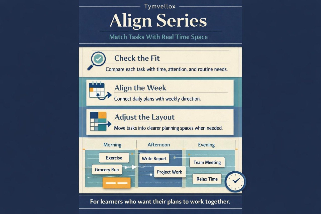 Tymvellox Align Series product description with task alignment features on a blue background