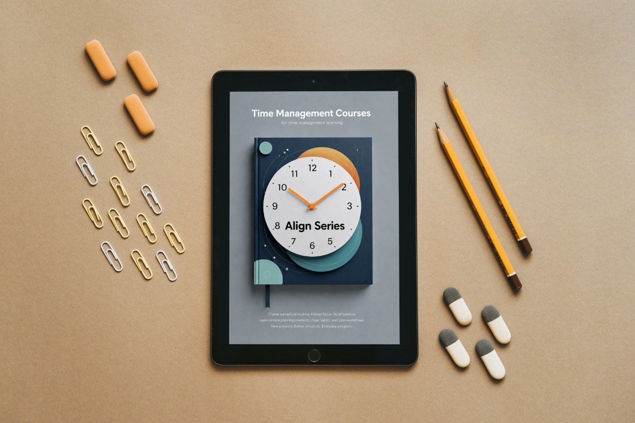 Tablet displaying a time management course on a brown surface with stationery items.