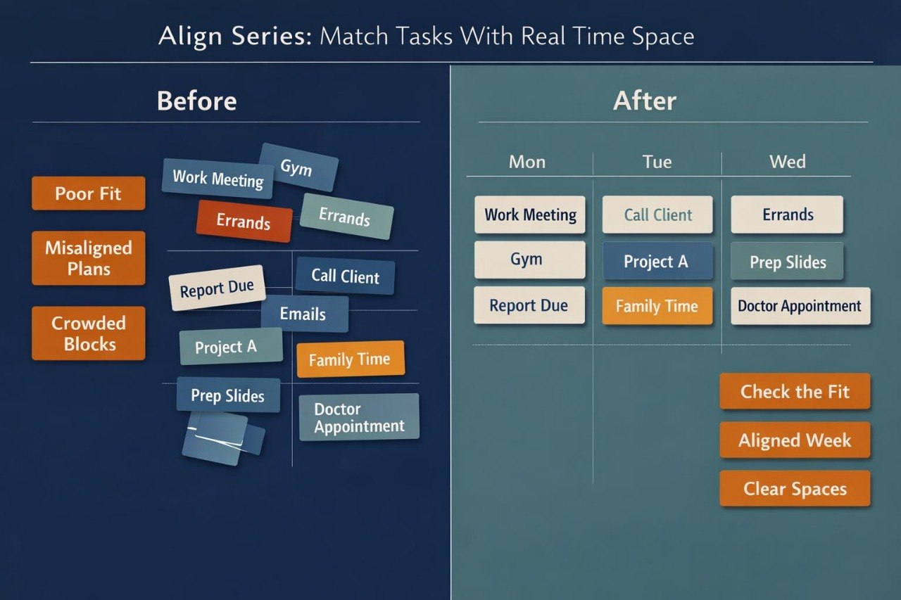 Comparison of task management before and after real-time space alignment on a blue background.