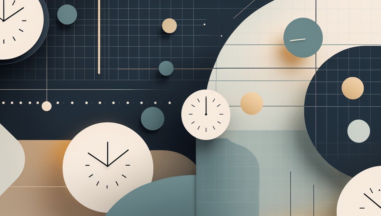 Abstract design with clocks and geometric shapes on a dark background