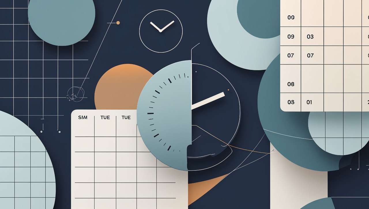 Abstract design with geometric shapes and a calendar on a dark blue background