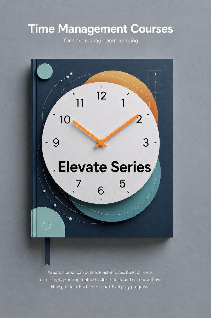 Book titled 'Elevate Series' with a clock design on a gray background