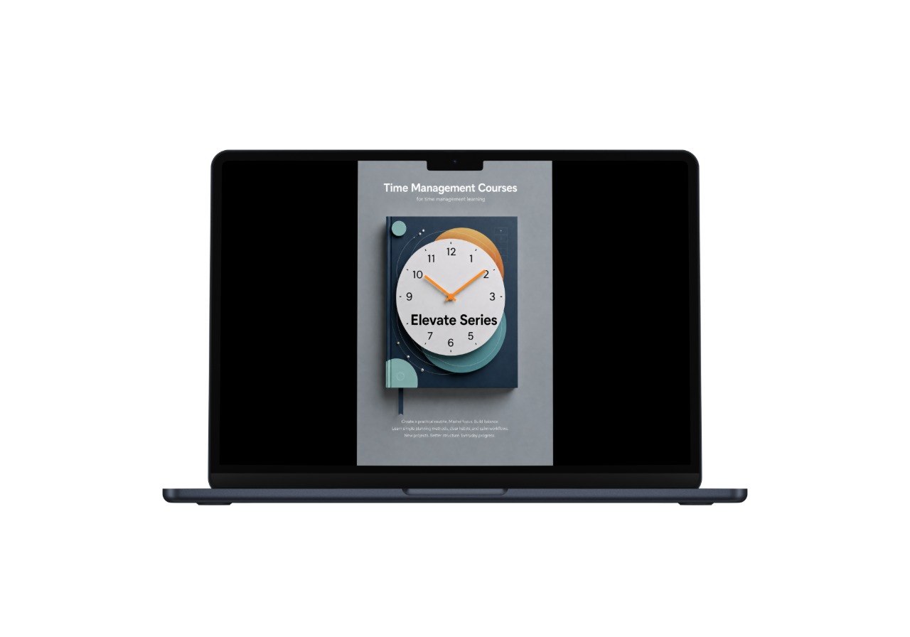 Laptop displaying a screen with a clock and text on a white background