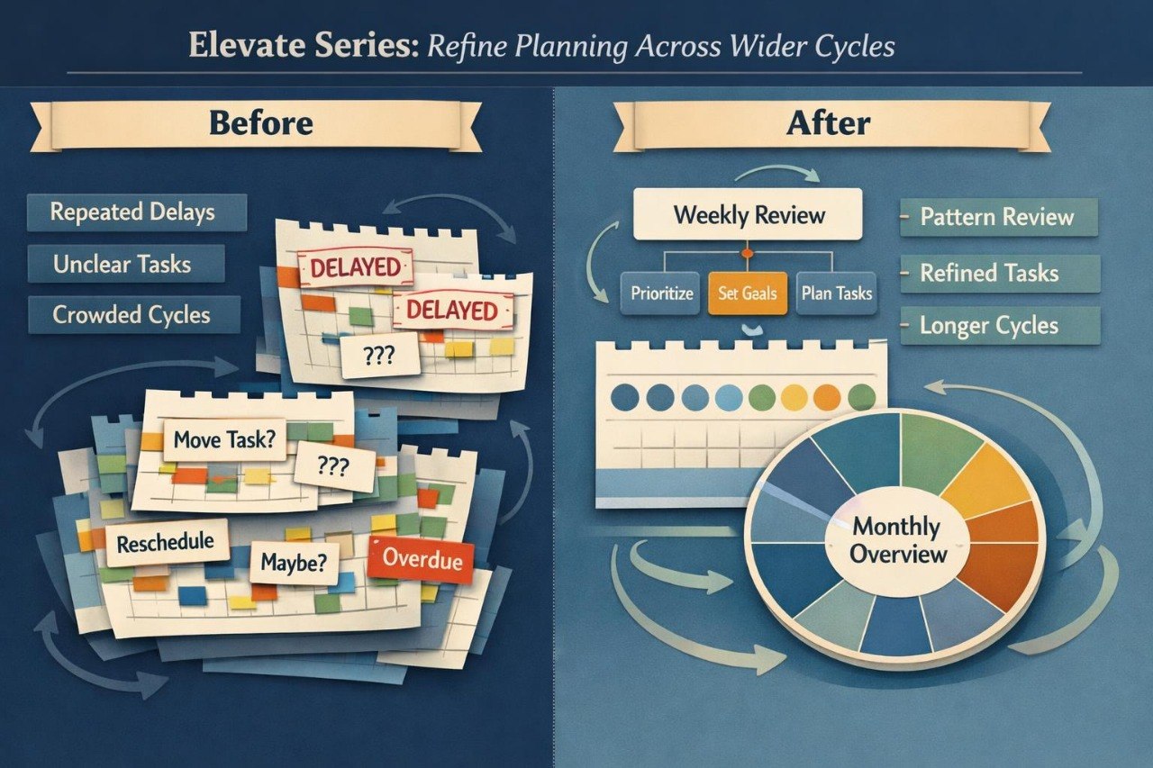 Comparison of planning processes labeled 'Before' and 'After' with visual aids on a blue background.