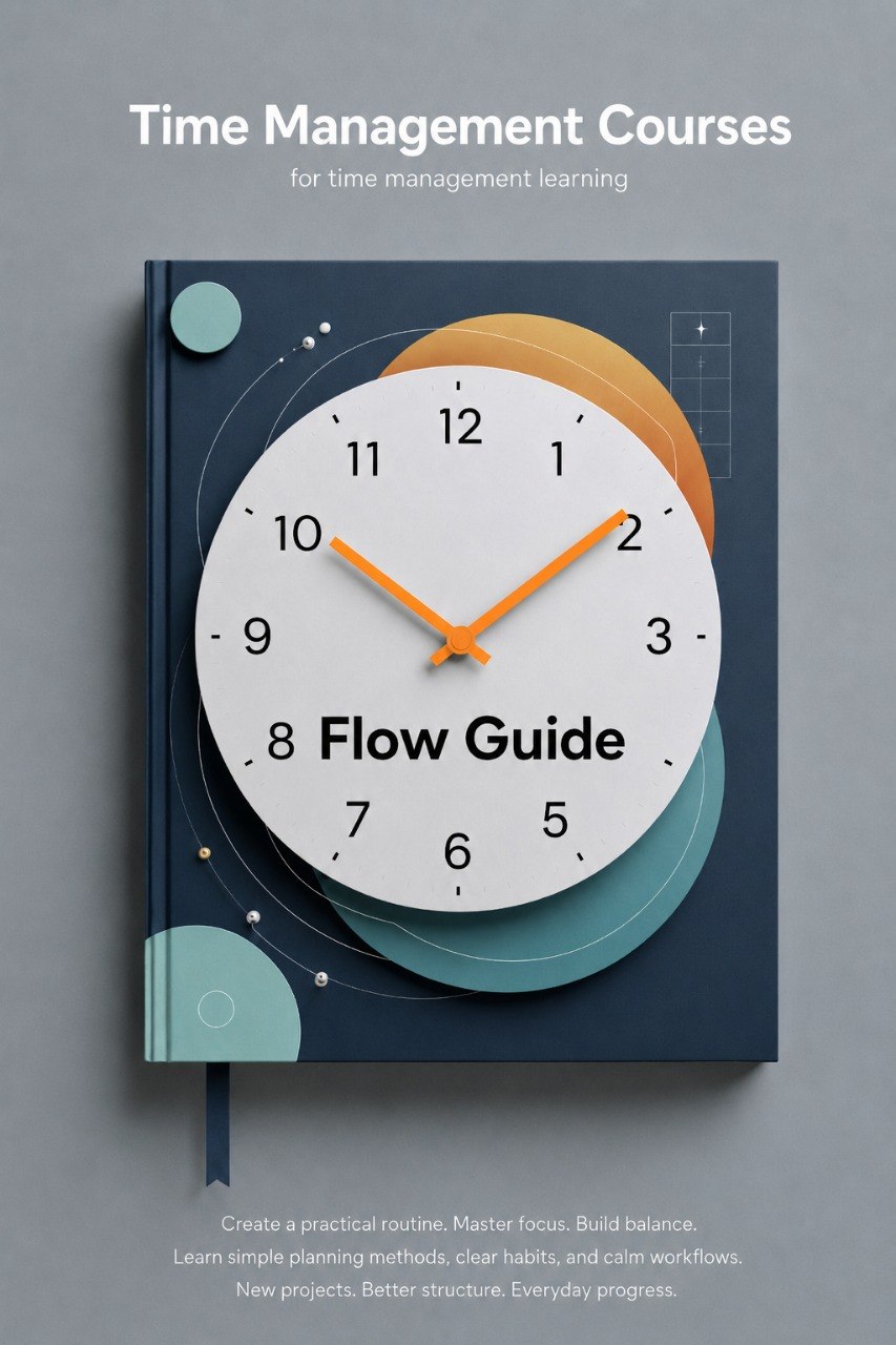 Book titled 'Flow Guide' with a clock design on a gray background