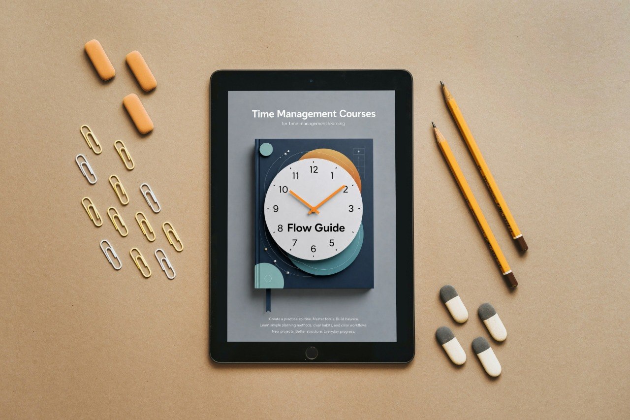 Tablet displaying a time management course on a brown surface with stationery items.