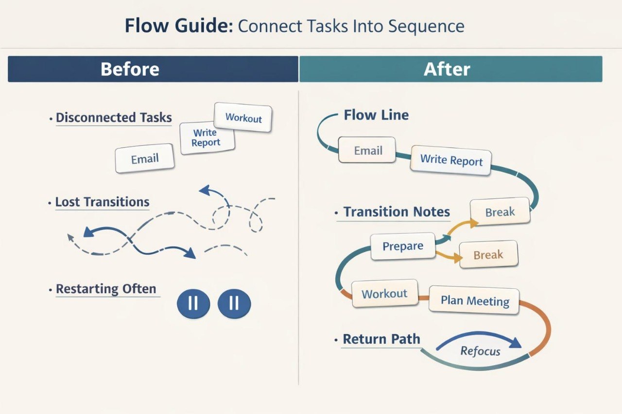 Flow guide before and after diagram showing task sequence improvement.