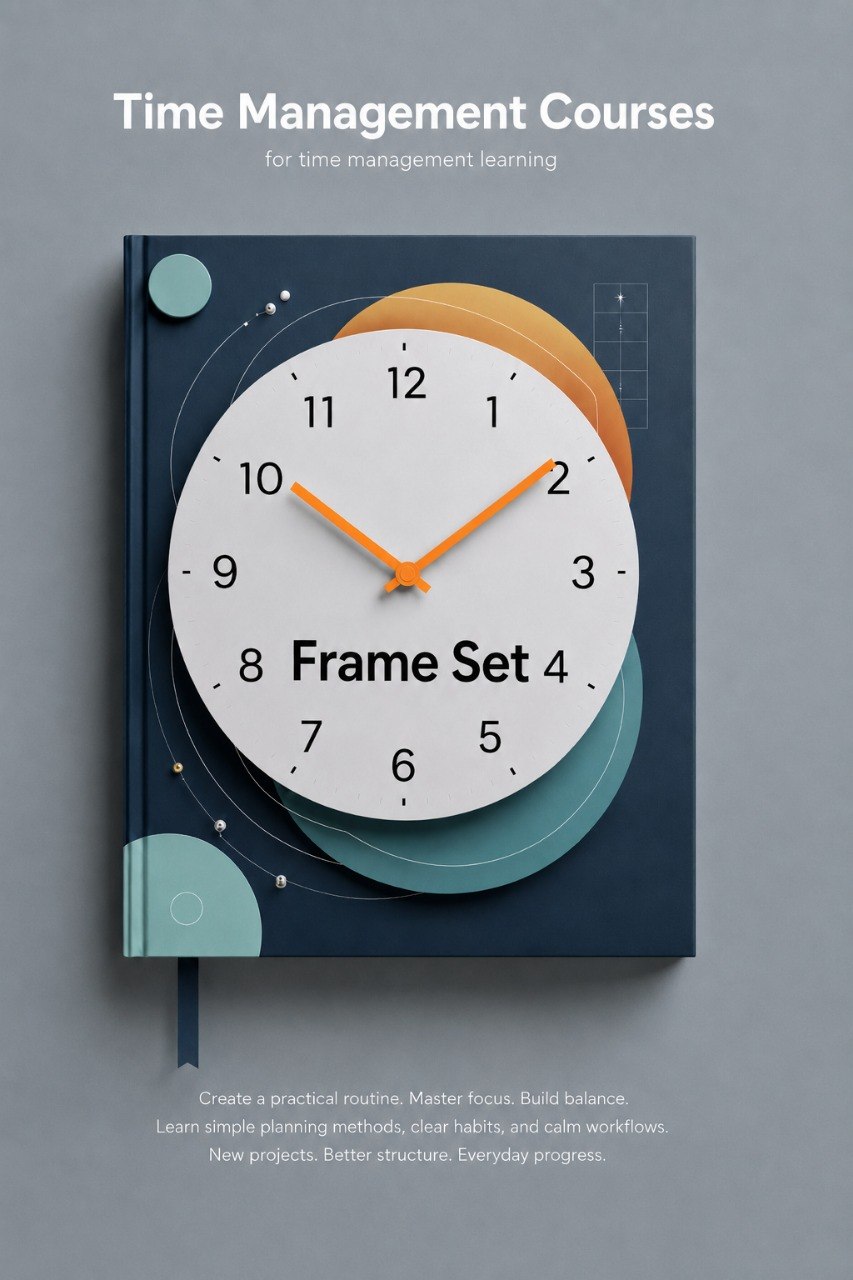 Book with a clock design on a gray background, promoting time management courses.
