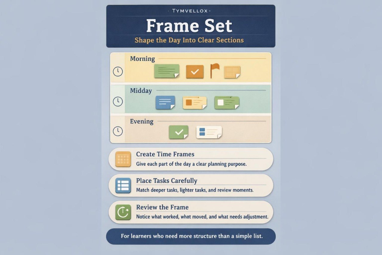 Tymvellox frame set with time and task management tools on a blue background