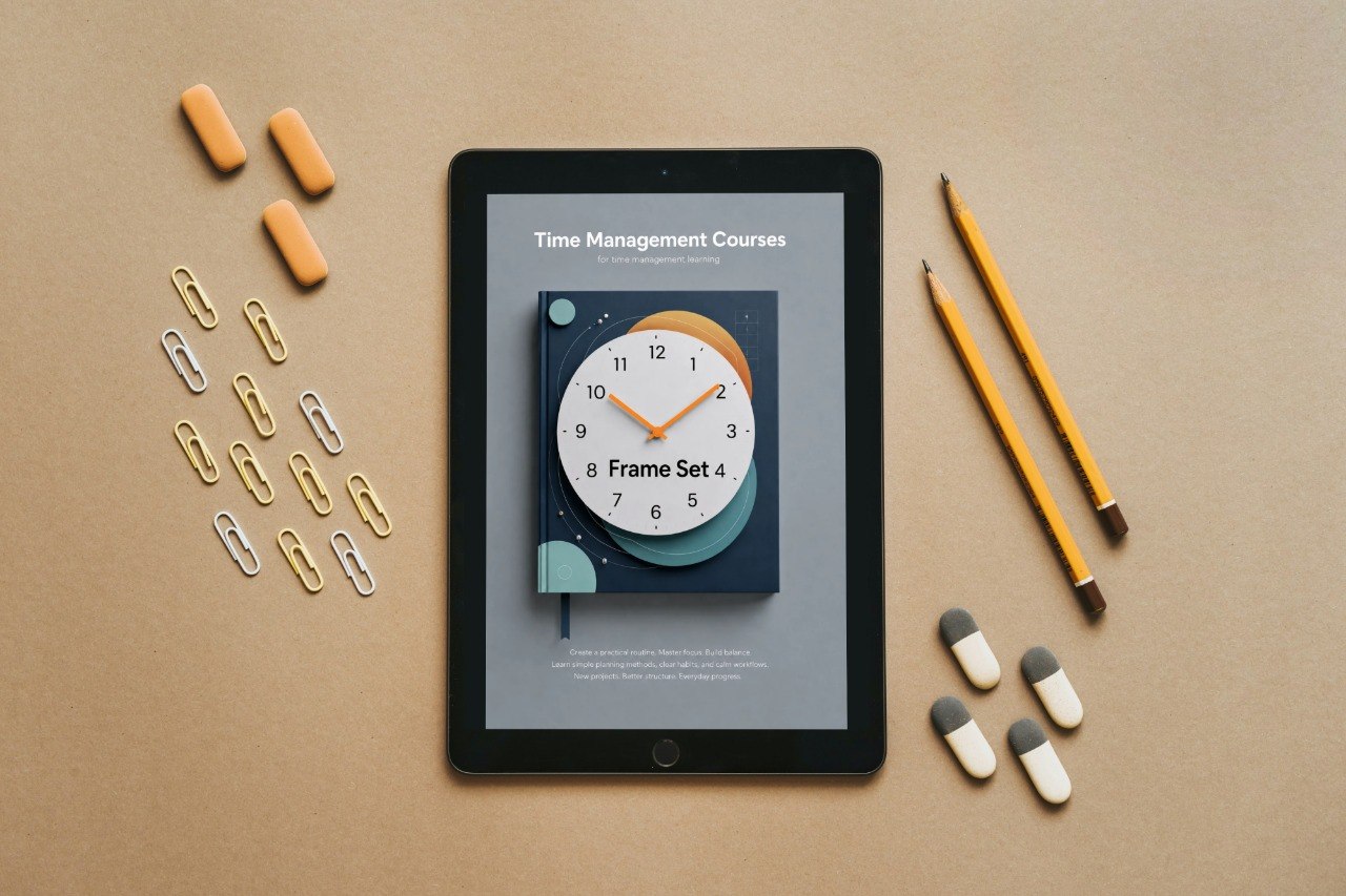 Tablet displaying a time management course on a brown surface with stationery items.
