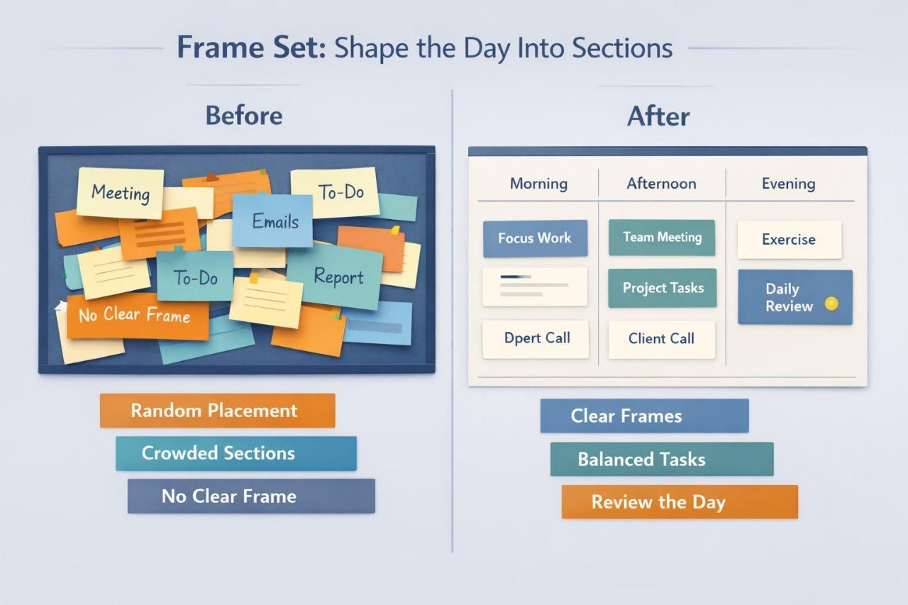 Comparison of 'Before' and 'After' designs for organizing tasks with sticky notes and labels.