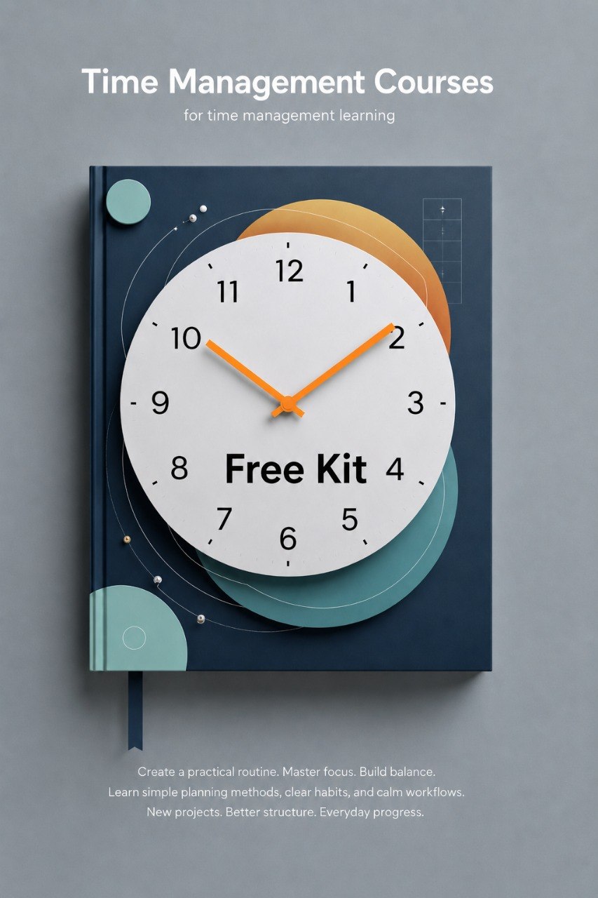 Book with a clock design on the cover, labeled 'Free Kit' against a gray background.