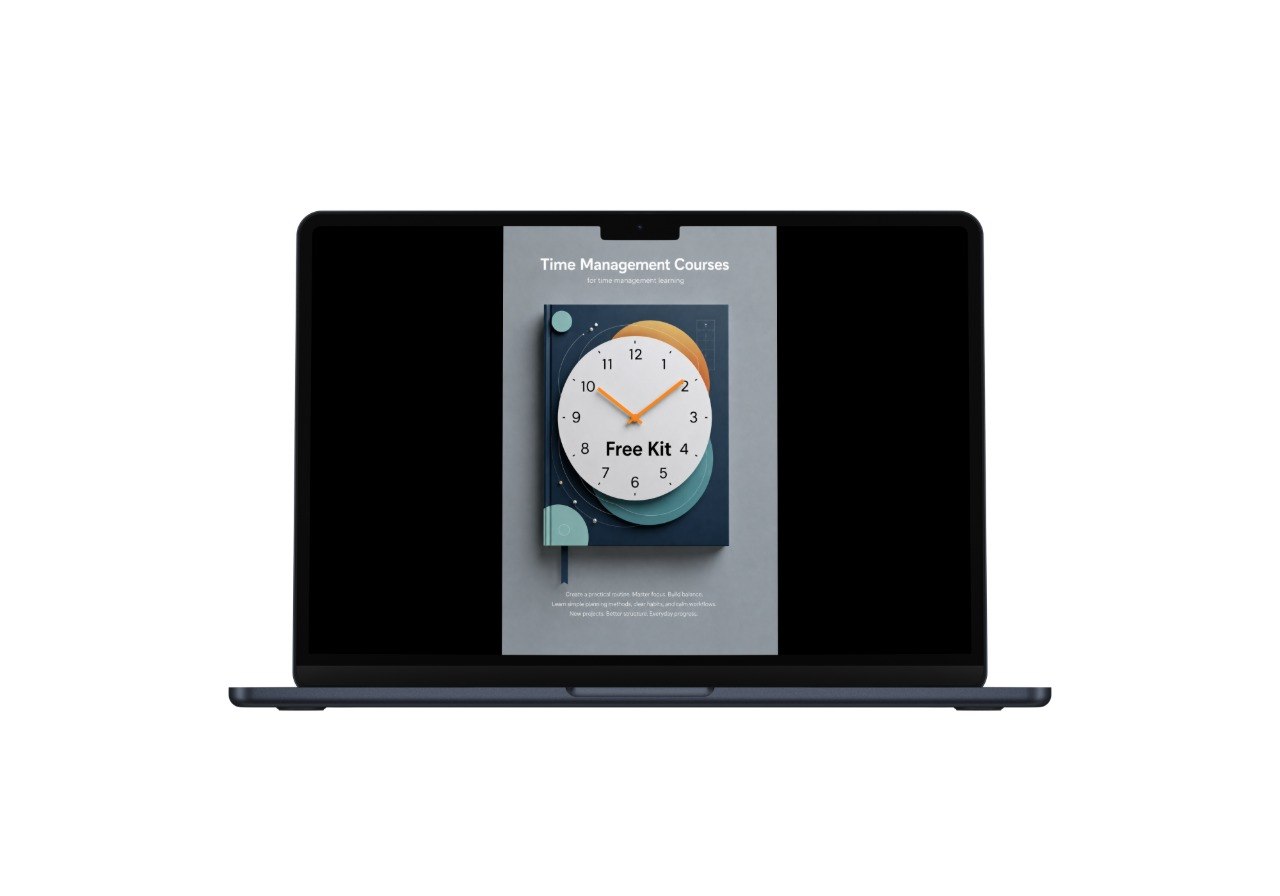 Laptop displaying a time management course on a white background
