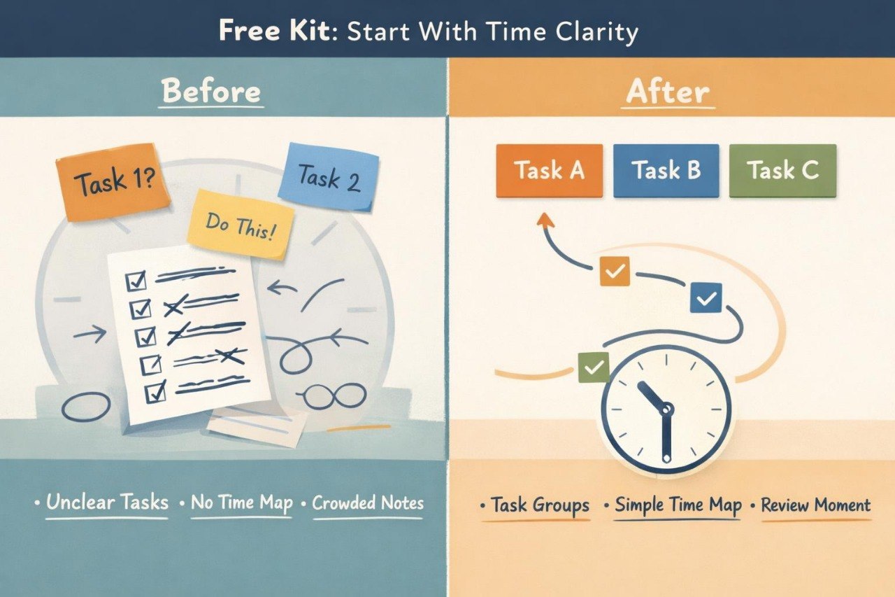 Before and after comparison of task management with a clock and notes.