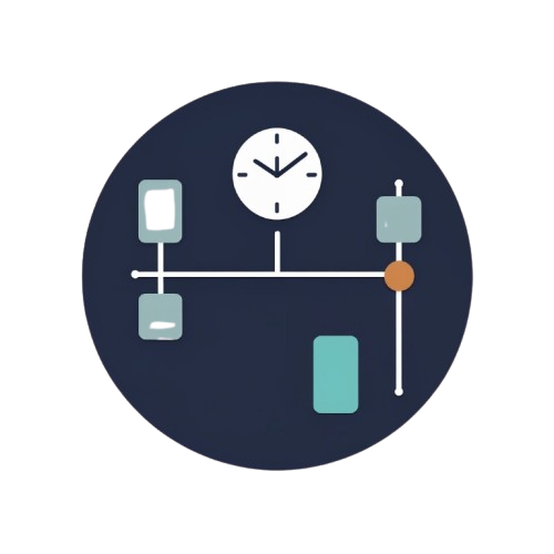 Clock icon with various symbols on a dark blue circle