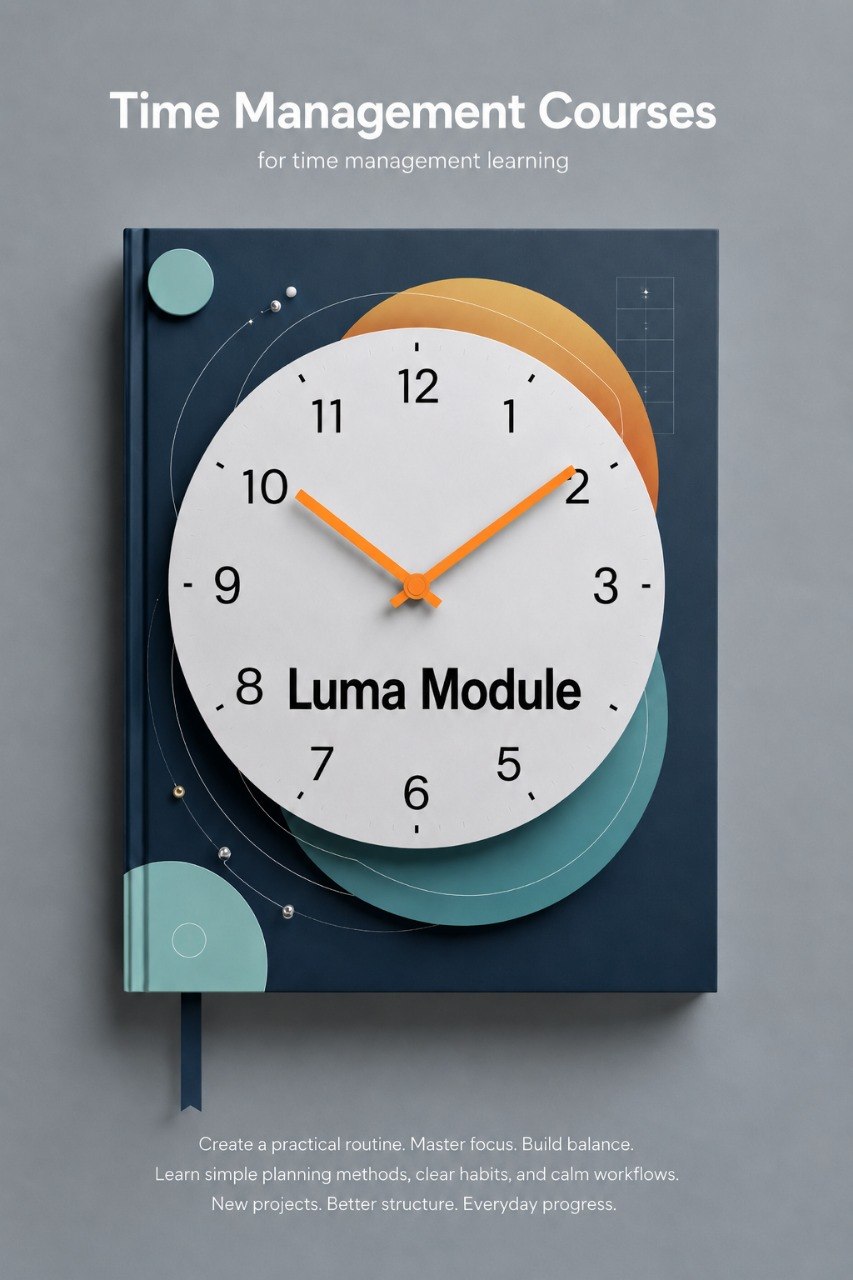 Book with a clock design on a gray background, promoting time management courses.