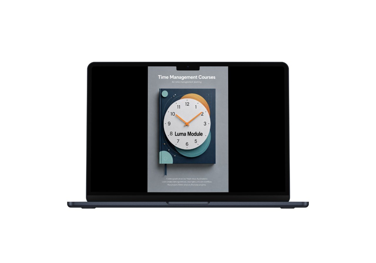 Laptop displaying a screen with a clock and text on a white background