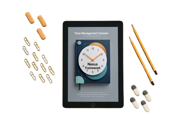 Tablet displaying a time management course on a white background with pencils, paper clips, and small items.
