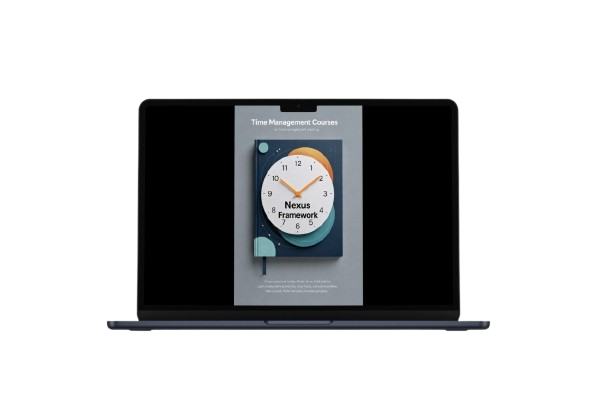 Laptop displaying a screen with a clock and text on a white background