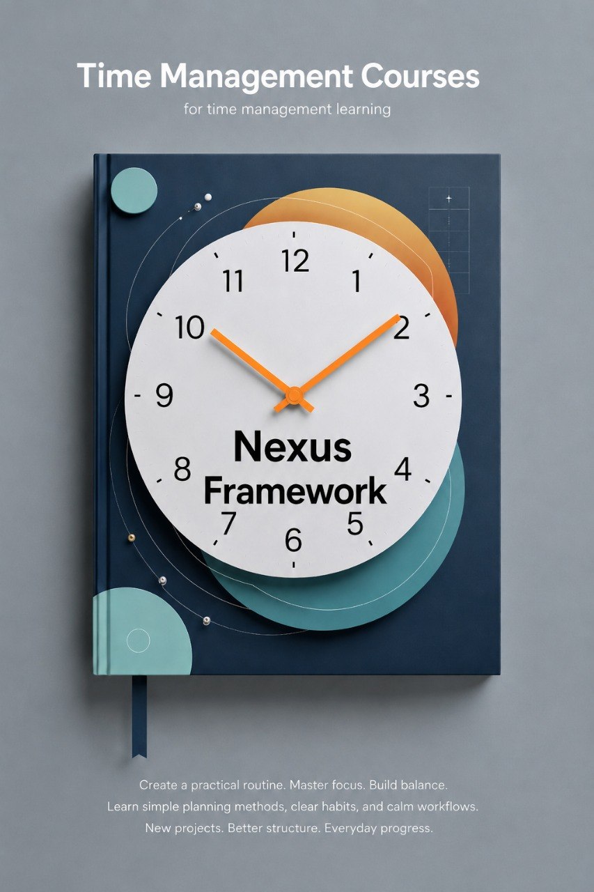 Book titled 'Nexus Framework' with a clock design on a gray background