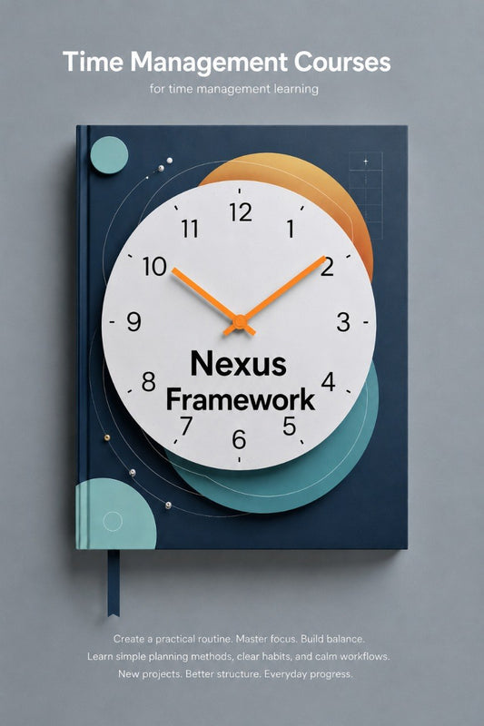 Book titled 'Nexus Framework' with a clock design on a gray background