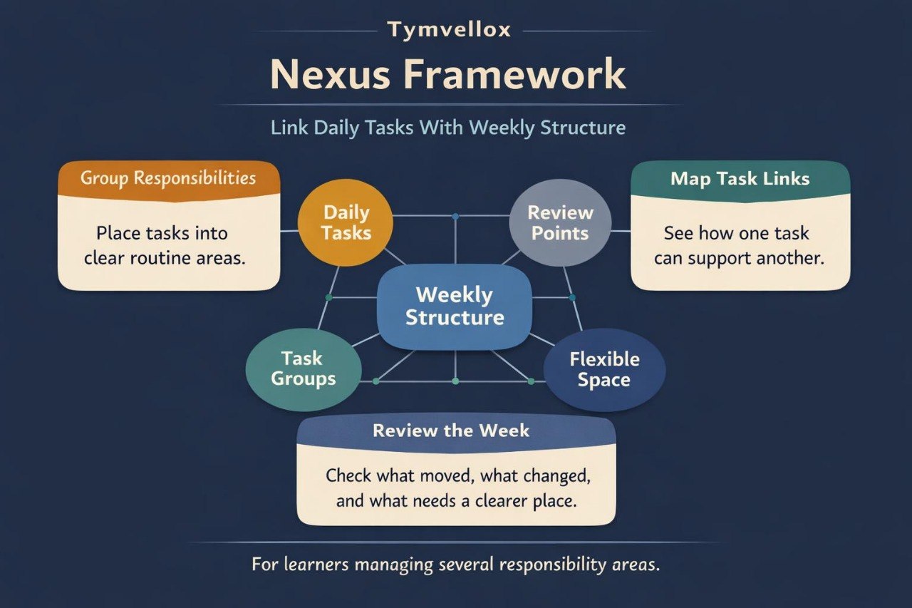 Diagram of Tymvellox Nexus Framework on a dark blue background