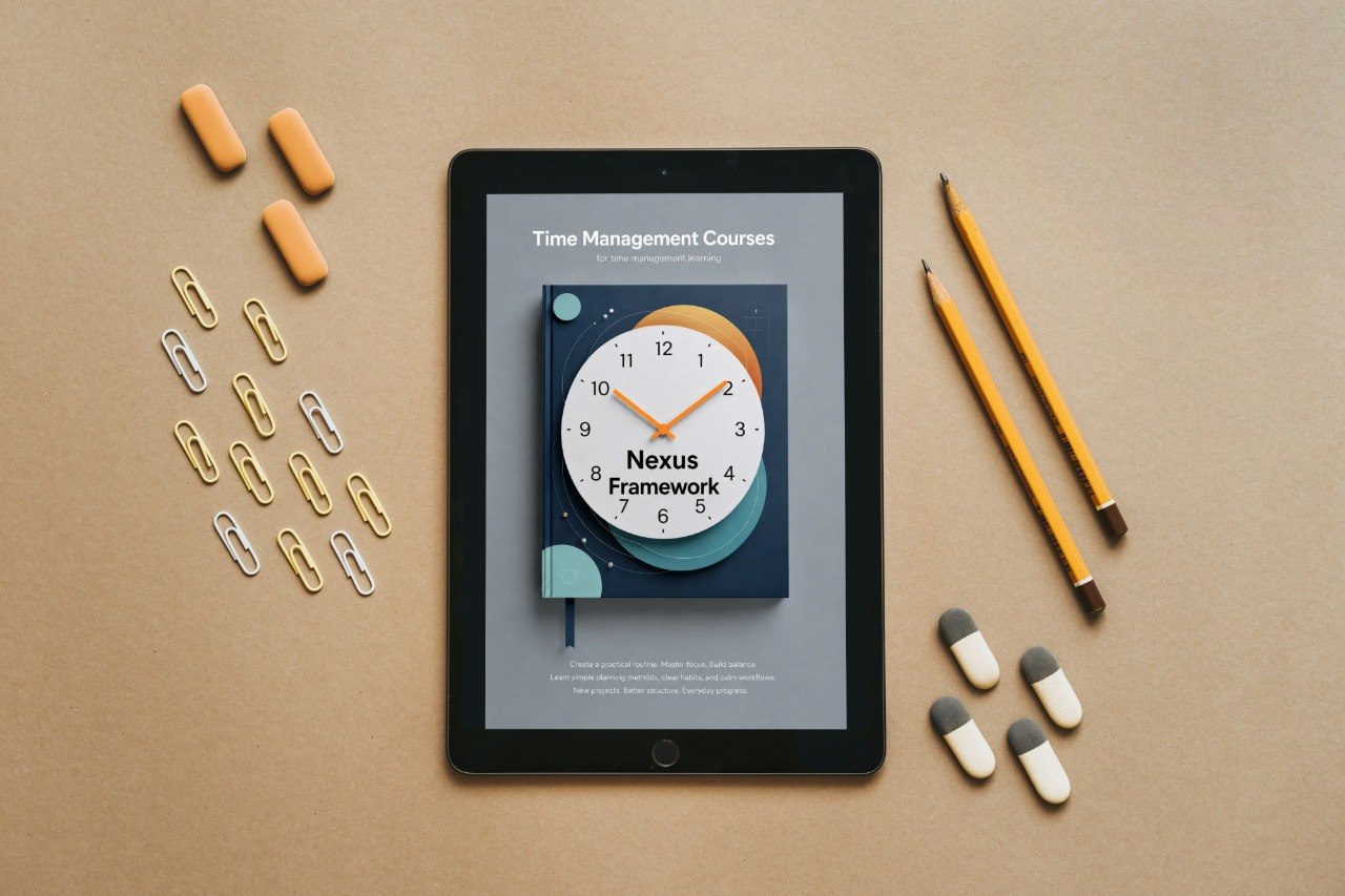 Tablet displaying a time management course on a brown surface with stationery items.