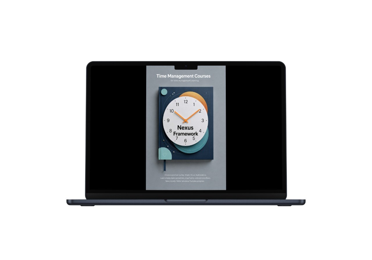 Laptop displaying a screen with a clock and text on a white background