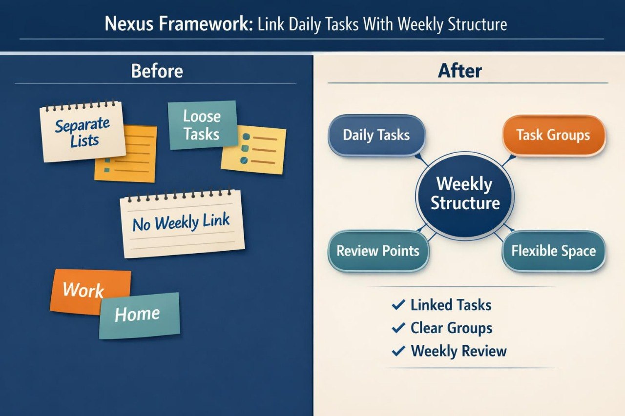 Comparison of 'Before' and 'After' diagrams for linking daily tasks with weekly structure using the Nexus Framework.