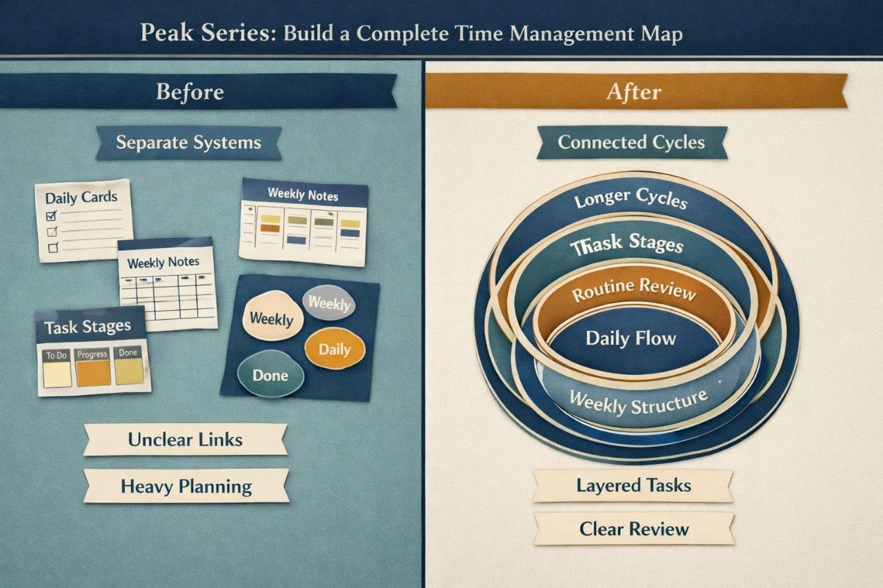 Comparison of 'Before' and 'After' time management systems with visual elements on a blue and beige background.