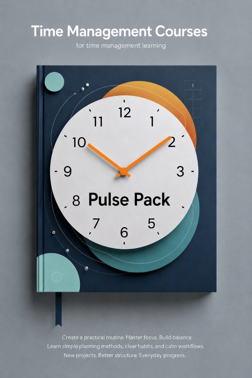 Book titled 'Pulse Pack' with a clock design on a gray background, promoting time management courses.