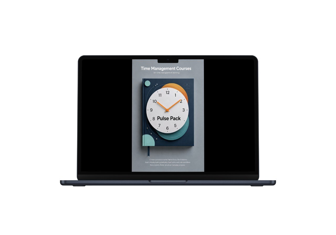 Laptop displaying a digital product packaging with a clock design on a white background