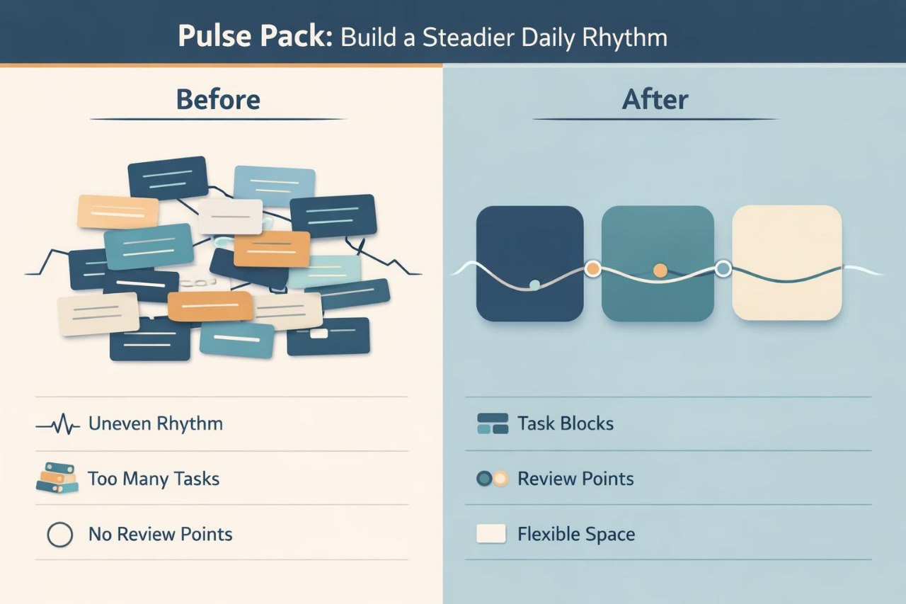 Comparison of 'Before' and 'After' designs for building a steadier daily rhythm with task blocks and review points.
