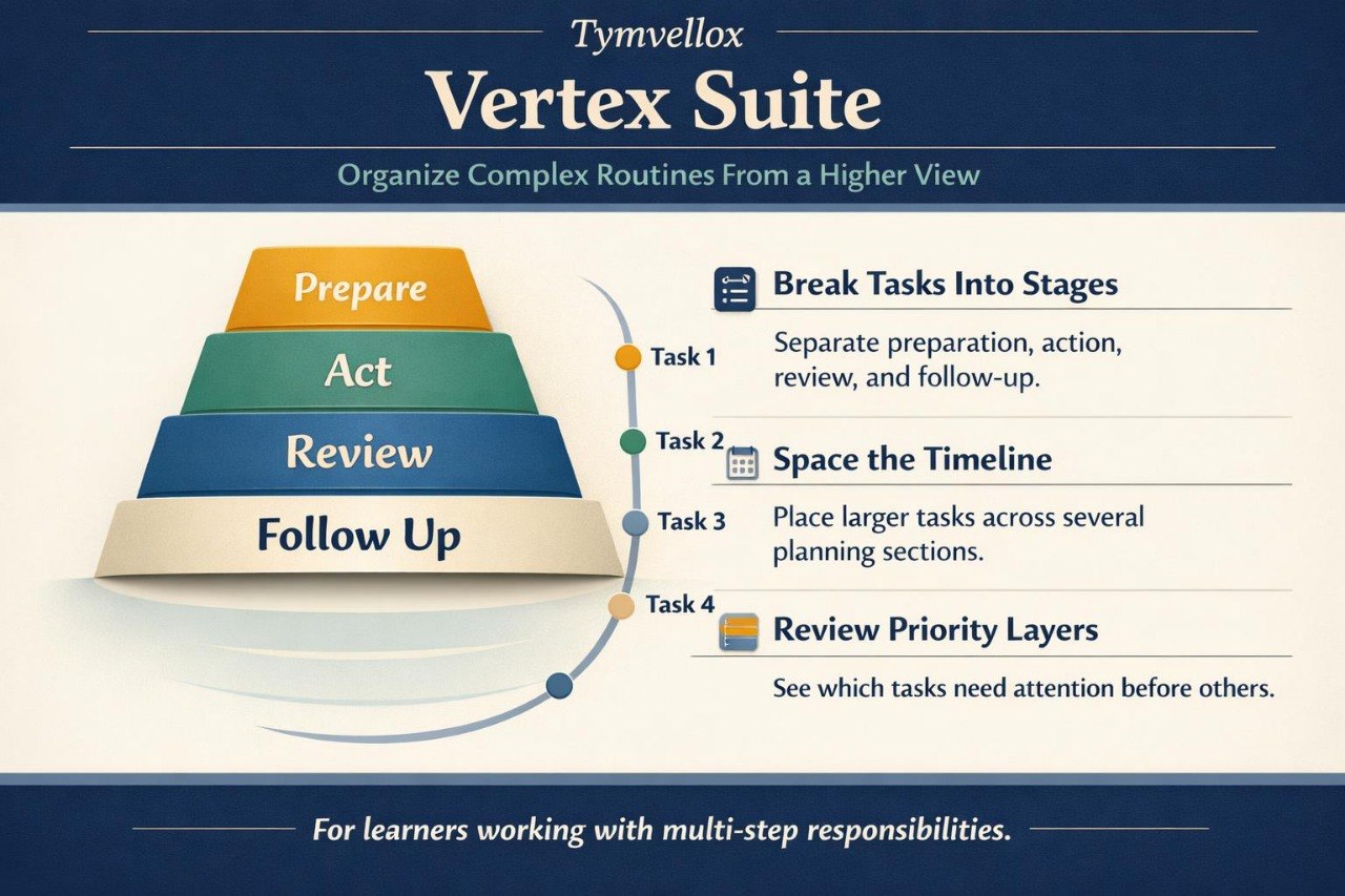 Tymvellox Vertex Suite diagram with stages of task management on a blue and white background