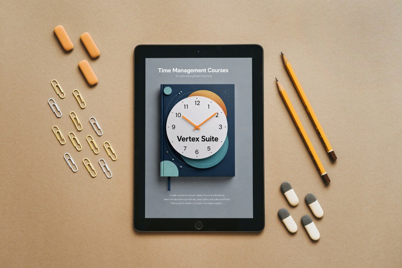 Tablet displaying 'Time Management Courses' on a brown surface with stationery items.