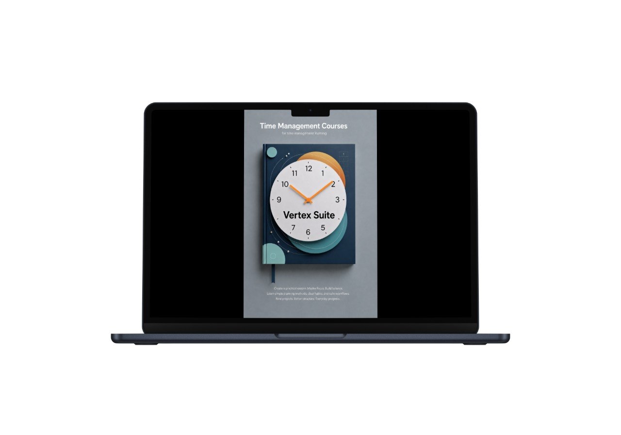 Laptop displaying a screen with a clock and 'Vertex Suite' branding on a white background